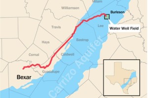 A map of the proposed pipeline that will deliver 16 billion gallons of water annually from underneath Burleson County to San Antonio, about 140 miles away. - Photo by San Antonio Water System